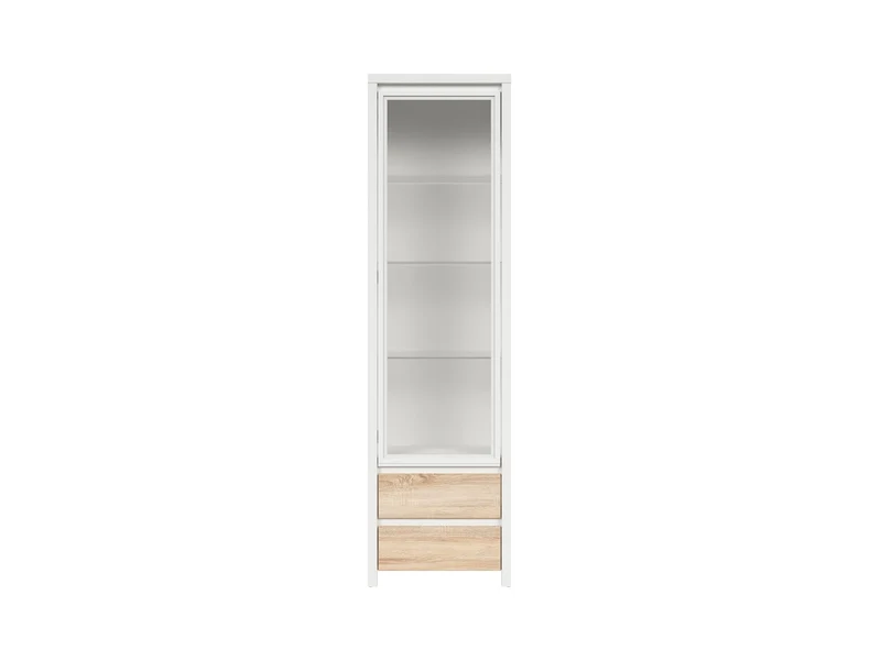 Kaspian Tall Display Cabinet 56 cm with Glazed Door & 2 Drawers – White / Sonoma Oak