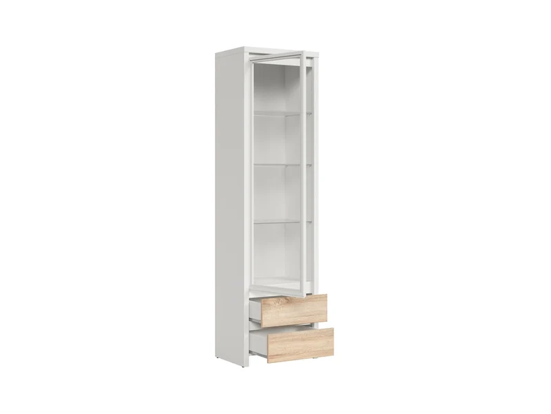 Kaspian Tall Display Cabinet 56 cm with Glazed Door & 2 Drawers – White / Sonoma Oak