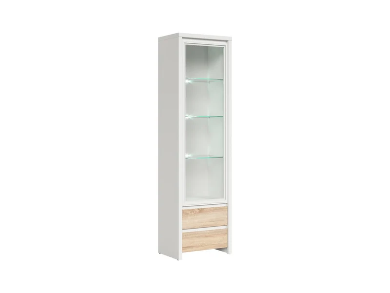 Kaspian Tall Display Cabinet 56 cm with Glazed Door & 2 Drawers – White / Sonoma Oak