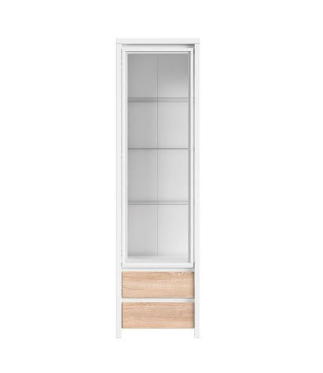 Kaspian Tall Display Cabinet 56 cm with Glazed Door & 2 Drawers – White / Sonoma Oak