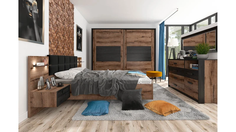 Kassel A1 Bed 160×200 – Monastery Oak & Black Solar 99 Upholstered Headboard | Stain-Resistant