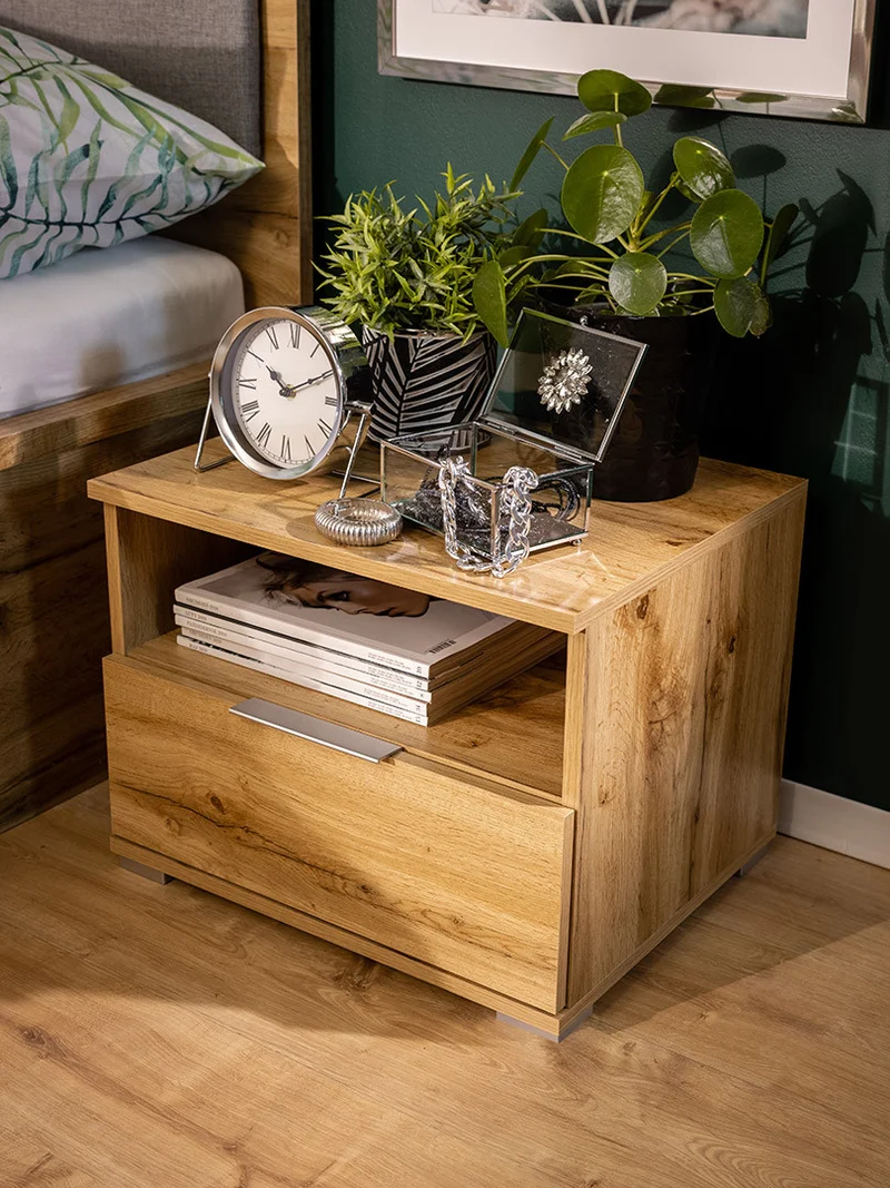 Zele Bedside Table 50cm – Wotan Oak | 1 Drawer & Open Shelf | Integrated Handle