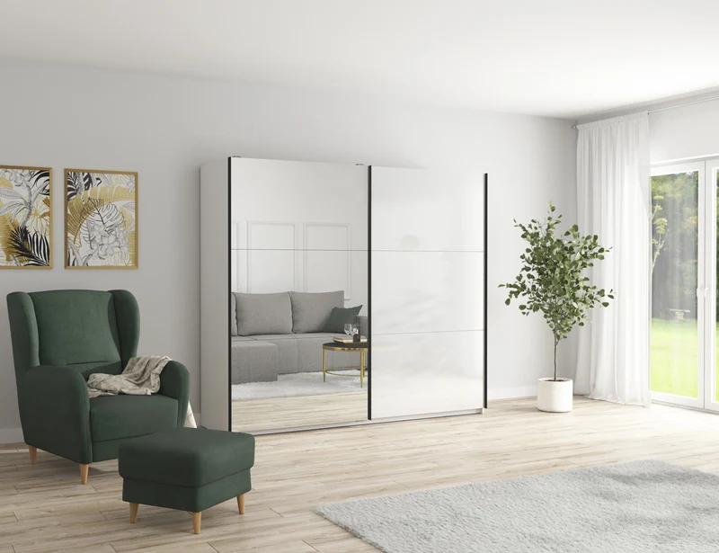 Tetrix Sliding Door Wardrobe 183cm – White High Gloss | Mirror Door, 2 Hanging Rails & Shelves