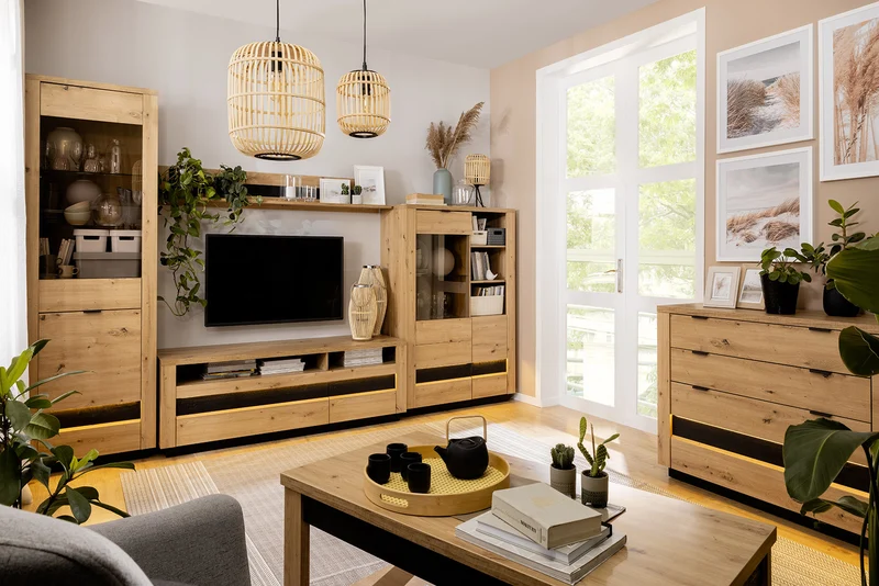 Ostia TV Cabinet 161cm – Artisan Oak & Black Sparkle | LED, 2 Drawers & Open Shelves