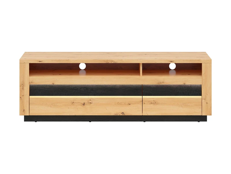 Ostia TV Cabinet 161cm – Artisan Oak & Black Sparkle | LED, 2 Drawers & Open Shelves