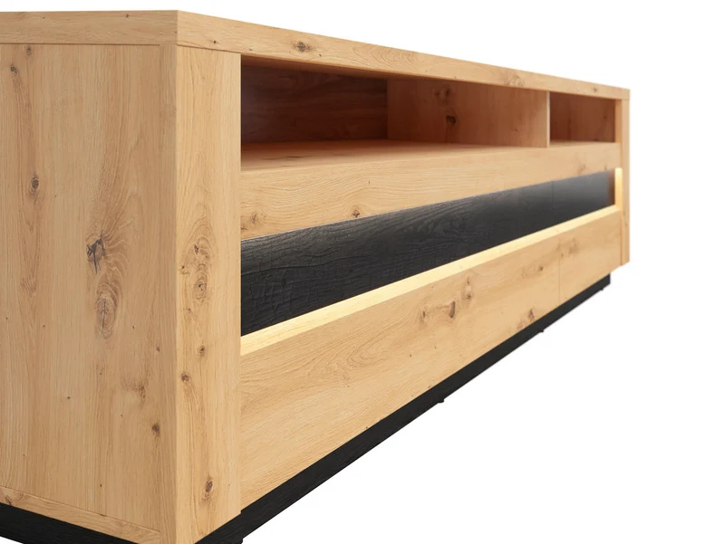 Ostia TV Cabinet 161cm – Artisan Oak & Black Sparkle | LED, 2 Drawers & Open Shelves