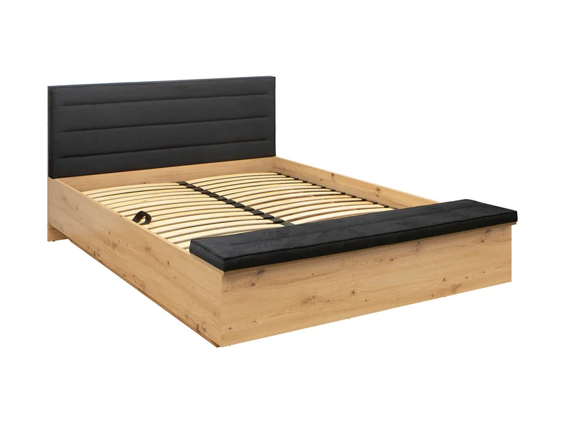 Ostia Bed 160×200 + Merida Mattress Set – Artisan Oak & Black Upholstery | Gas Lift Storage