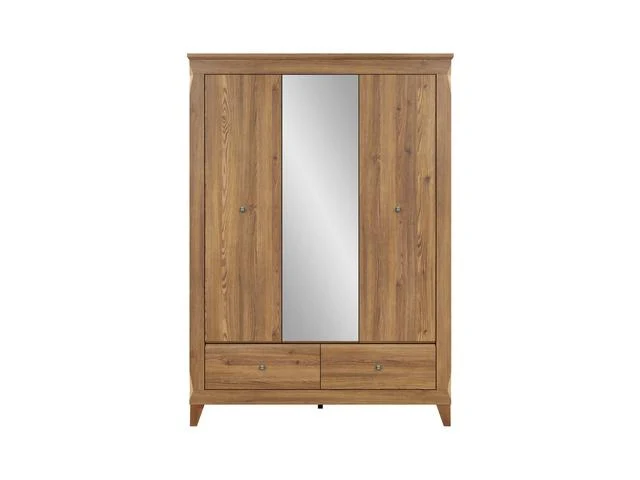 Bergen Wardrobe 144×202cm – Golden Sibiu Larch | Mirror Front, Hanging Rail & Drawers