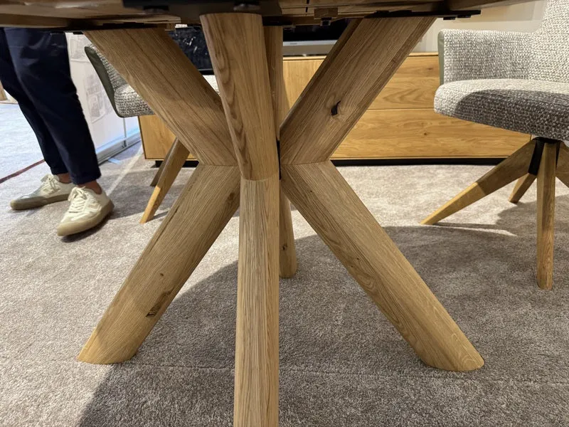 Esstisch rund ausziehbar Eiche massiv, runder Tisch ausziehbar Eiche, ausziehbarer Tisch rund Eiche, Länge 105-145 cm (Tischgestell Eiche massiv)