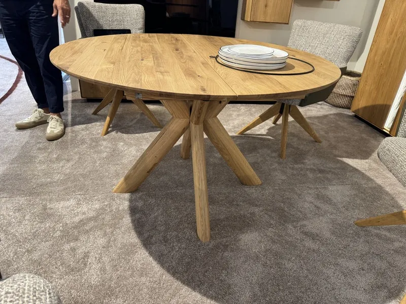 Esstisch rund ausziehbar Eiche massiv, runder Tisch ausziehbar Eiche, ausziehbarer Tisch rund Eiche, Länge 105-145 cm (Tischgestell Eiche massiv)