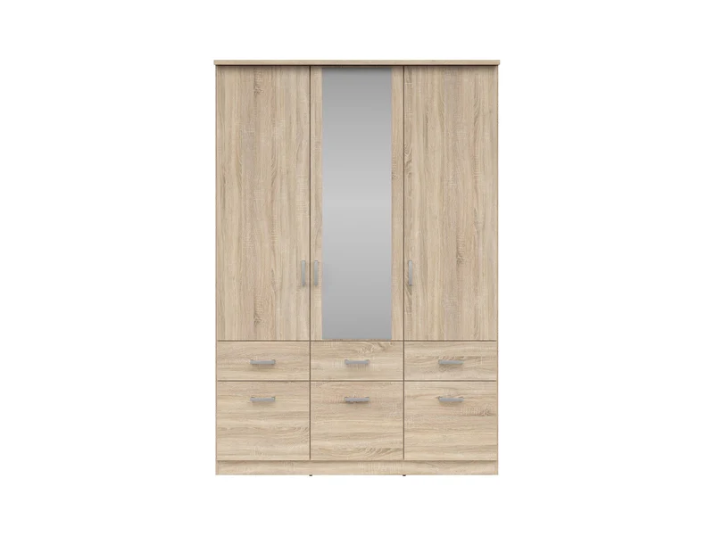 Brando 3 Wardrobe 136×199×58 cm – 3 Doors, Mirror, 2 Hanging Rails, 6 Drawers & Shelves | Sonoma Oak