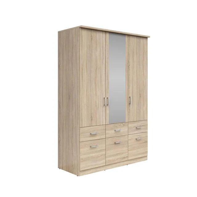 Brando 3 Wardrobe 136×199×58 cm – 3 Doors, Mirror, 2 Hanging Rails, 6 Drawers & Shelves | Sonoma Oak