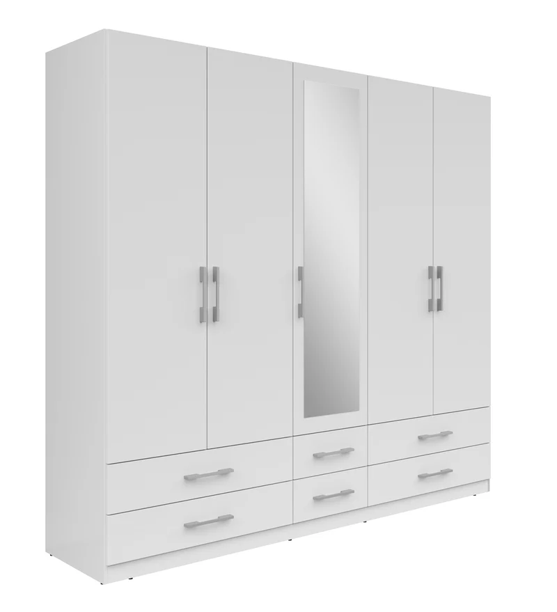 Herford 5-Door Wardrobe 226×210×54 cm – Mirror, 3 Hanging Rails, 6 Drawers & Grey Canvas Interior | White