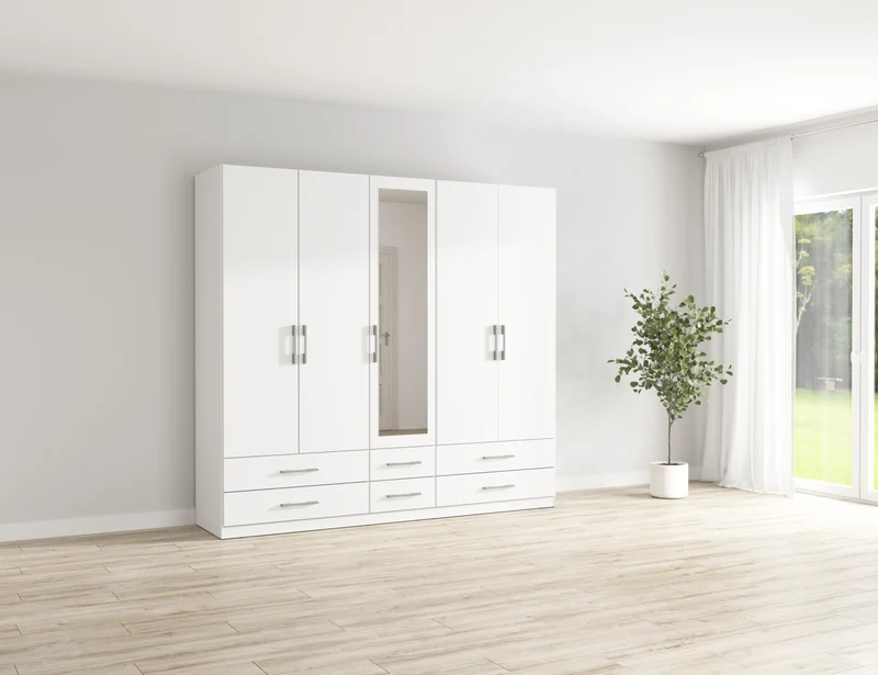 Herford 5-Door Wardrobe 226×210×54 cm – Mirror, 3 Hanging Rails, 6 Drawers & Grey Canvas Interior | White