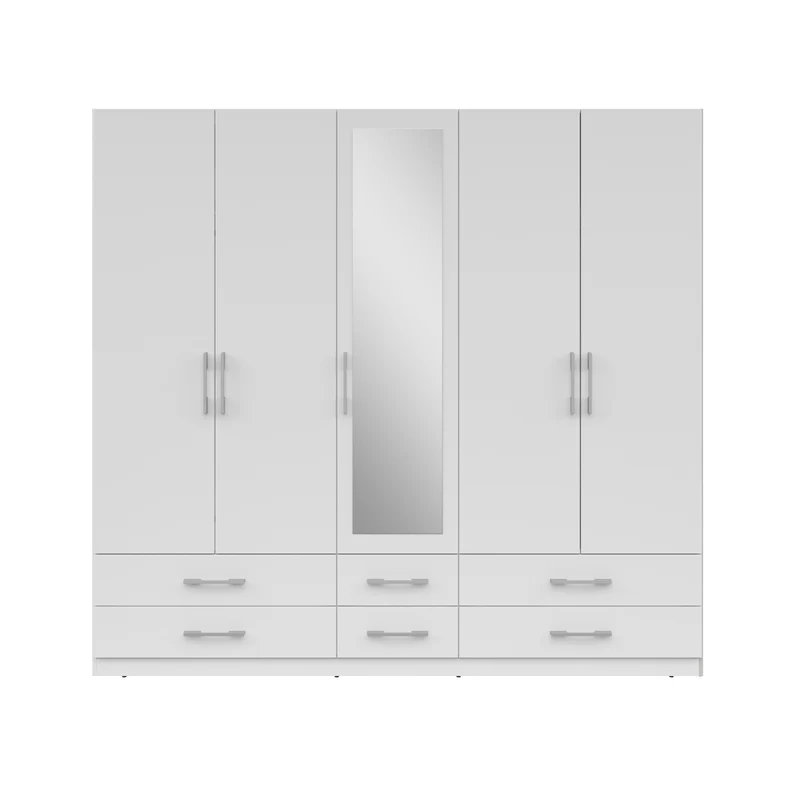 Herford 5-Door Wardrobe 226×210×54 cm – Mirror, 3 Hanging Rails, 6 Drawers & Grey Canvas Interior | White