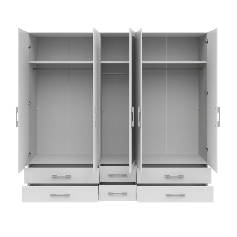 Herford 5-Door Wardrobe 226×210×54 cm – Mirror, 3 Hanging Rails, 6 Drawers & Grey Canvas Interior | White