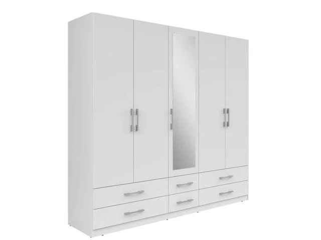 Herford 5-Door Wardrobe 226×210×54 cm – Mirror, 3 Hanging Rails, 6 Drawers & Grey Canvas Interior | White