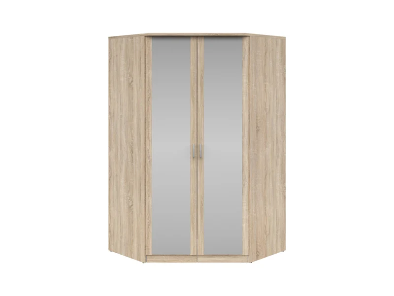 Brando Corner Wardrobe 117×117×199 cm – Mirror Doors, Hanging Rail & Shelves | Sonoma Oak & Grey Canvas
