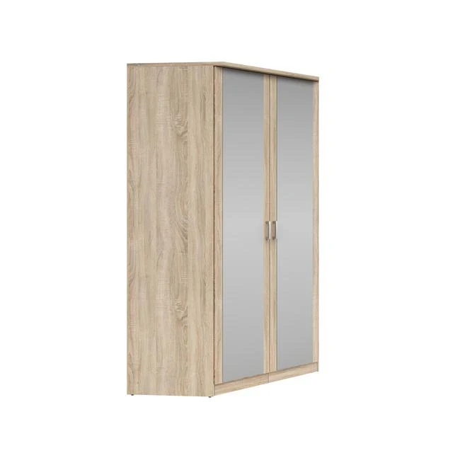 Brando Corner Wardrobe 117×117×199 cm – Mirror Doors, Hanging Rail & Shelves | Sonoma Oak & Grey Canvas