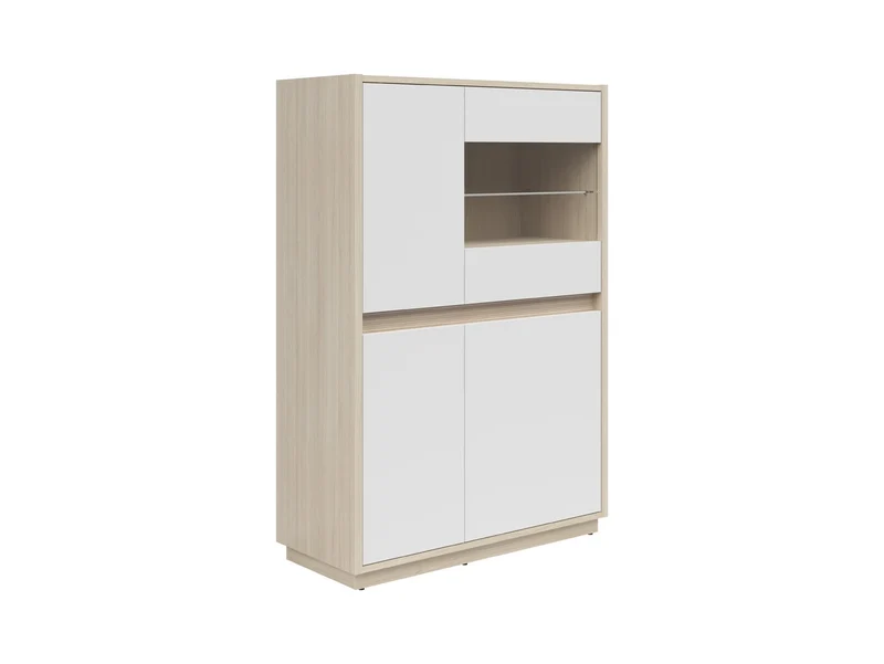 Kim Display Cabinet 95×141.5×42 cm – LED Lighting, Glazed Door, Routed Detail | Light Riva Oak & White