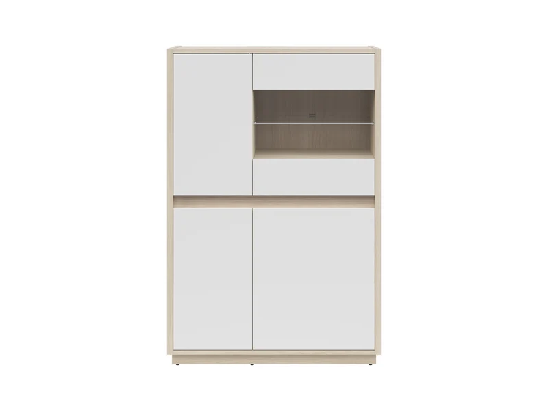 Kim Display Cabinet 95×141.5×42 cm – LED Lighting, Glazed Door, Routed Detail | Light Riva Oak & White