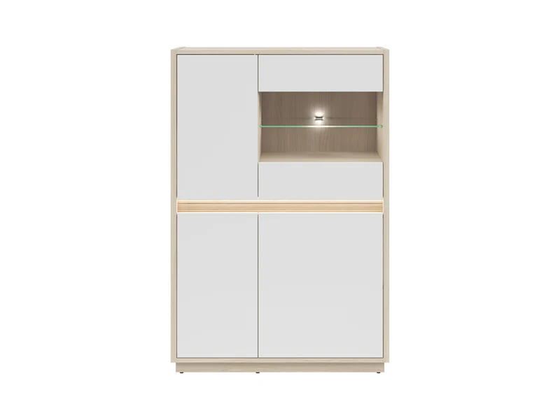 Kim Display Cabinet 95×141.5×42 cm – LED Lighting, Glazed Door, Routed Detail | Light Riva Oak & White