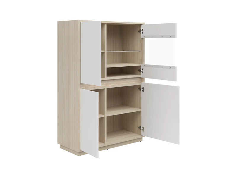 Kim Display Cabinet 95×141.5×42 cm – LED Lighting, Glazed Door, Routed Detail | Light Riva Oak & White