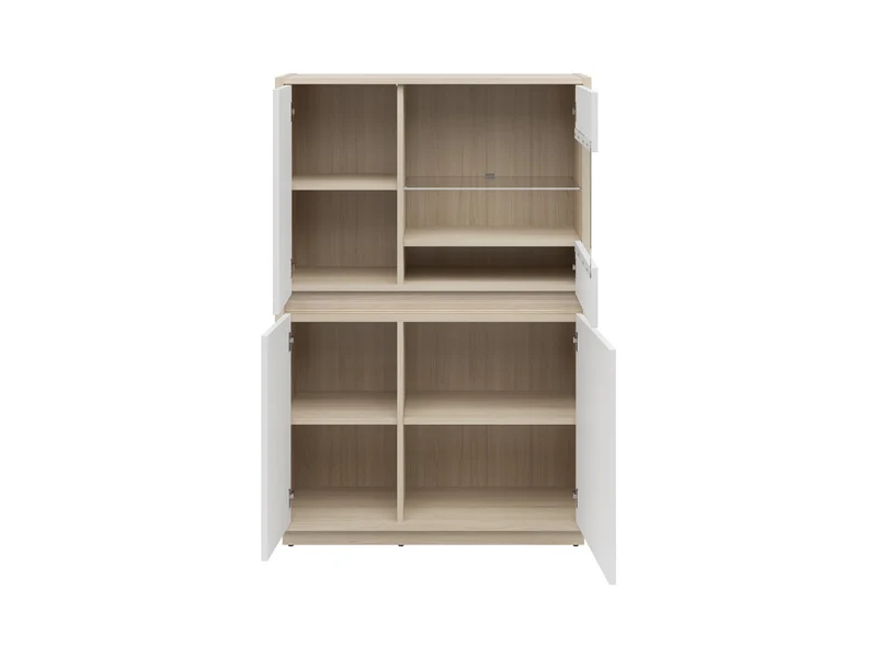 Kim Display Cabinet 95×141.5×42 cm – LED Lighting, Glazed Door, Routed Detail | Light Riva Oak & White