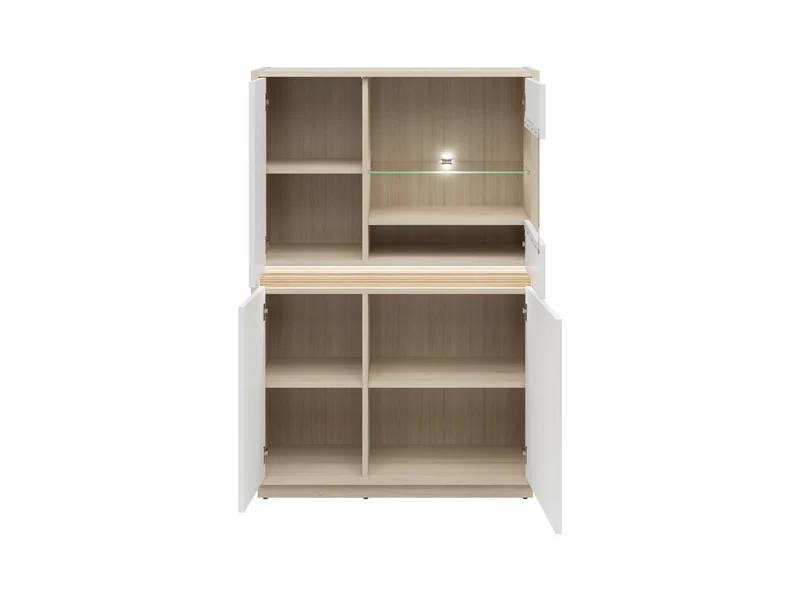 Kim Display Cabinet 95×141.5×42 cm – LED Lighting, Glazed Door, Routed Detail | Light Riva Oak & White