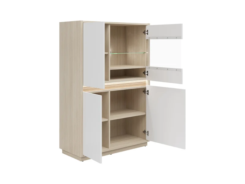 Kim Display Cabinet 95×141.5×42 cm – LED Lighting, Glazed Door, Routed Detail | Light Riva Oak & White