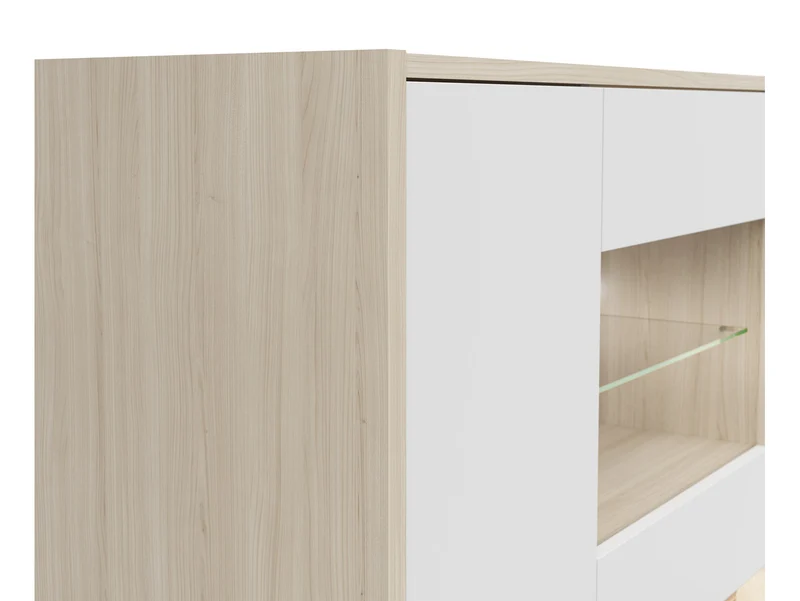 Kim Display Cabinet 95×141.5×42 cm – LED Lighting, Glazed Door, Routed Detail | Light Riva Oak & White