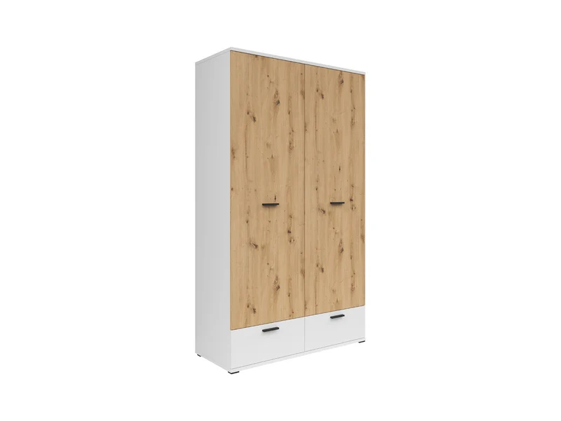 Homeland 2-Door Wardrobe 119×215×56 cm – Hanging Rail, 2 Soft-Close Drawers & 2 Shelves | White & Artisan Oak