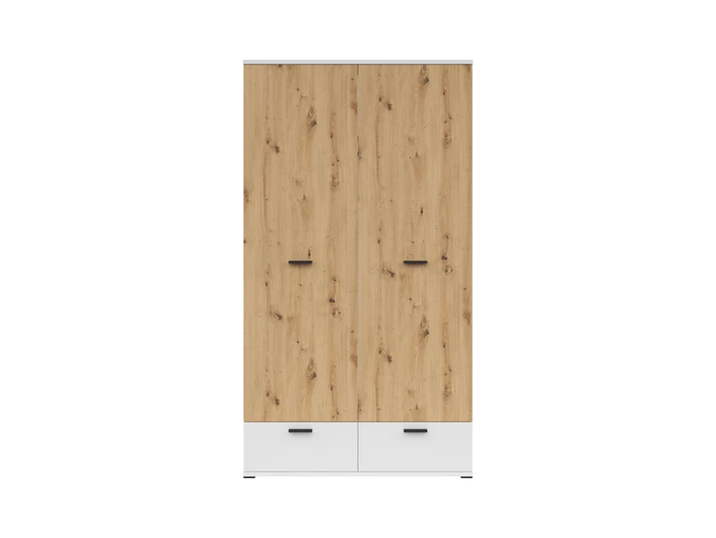 Homeland 2-Door Wardrobe 119×215×56 cm – Hanging Rail, 2 Soft-Close Drawers & 2 Shelves | White & Artisan Oak