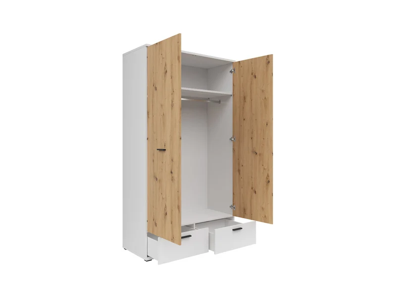 Homeland 2-Door Wardrobe 119×215×56 cm – Hanging Rail, 2 Soft-Close Drawers & 2 Shelves | White & Artisan Oak