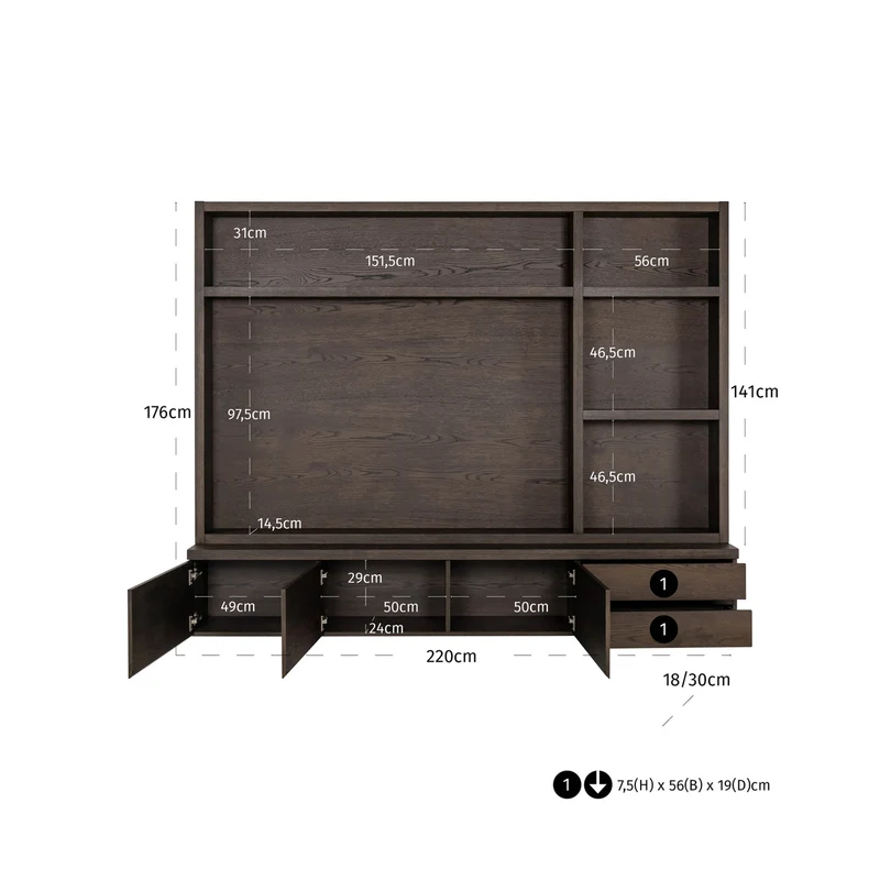 TV Schrank braun, Fernsehschrank braun, Fernsehwand Eiche furniert, Maße 220 x 176 cm