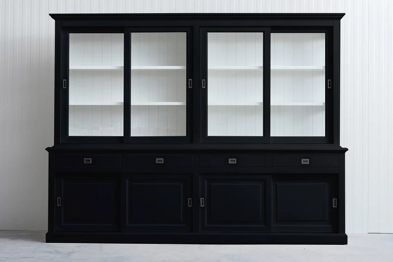 Vitrine schwarz Landhaus, Geschirrschrank schwarz-weiß Landhaus, Vitrinenschrank schwarz Landhausstil, Breite 300 cm