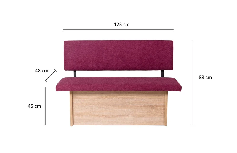 Sitzbank 'Das Raumwunder', 125cm mit Lehne, Stoff Bordeaux