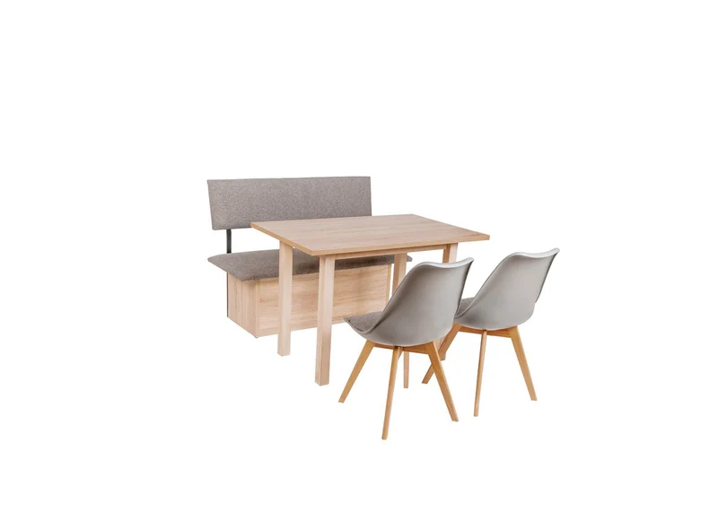 Essgruppe ‘Das Raumwunder’ mit Truhe, Sitzbank mit Lehne, Stühle, 4-Fuß Tisch, Set 3-tlg., Stoff Grau