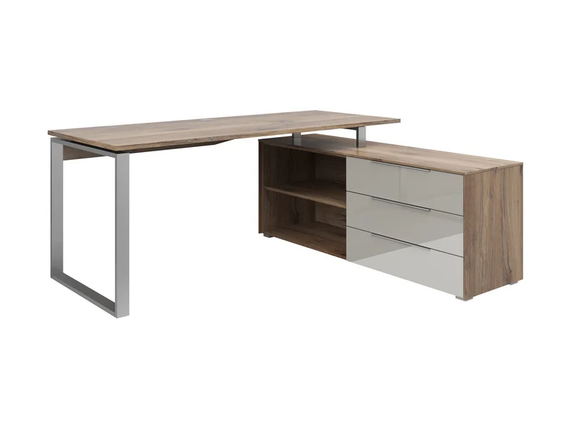 Nevada Corner Desk 184×158.5 cm – 3 Drawers, Cable Hole, Scratch-Resistant Top | Flagstaff Oak & Silk Gray Glass