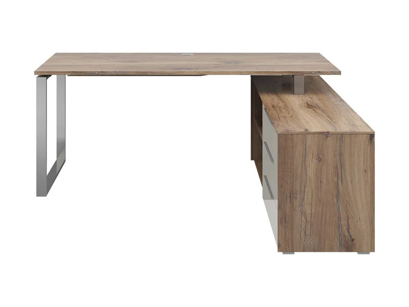 Nevada Corner Desk 184×158.5 cm – 3 Drawers, Cable Hole, Scratch-Resistant Top | Flagstaff Oak & Silk Gray Glass