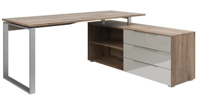 Nevada Corner Desk 184×158.5 cm – 3 Drawers, Cable Hole, Scratch-Resistant Top | Flagstaff Oak & Silk Gray Glass