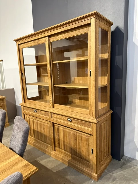 Vitrine mit Beleuchtung Eiche-Natur, Geschirrschrank Eiche mit Beleuchtung, Breite 180 cm