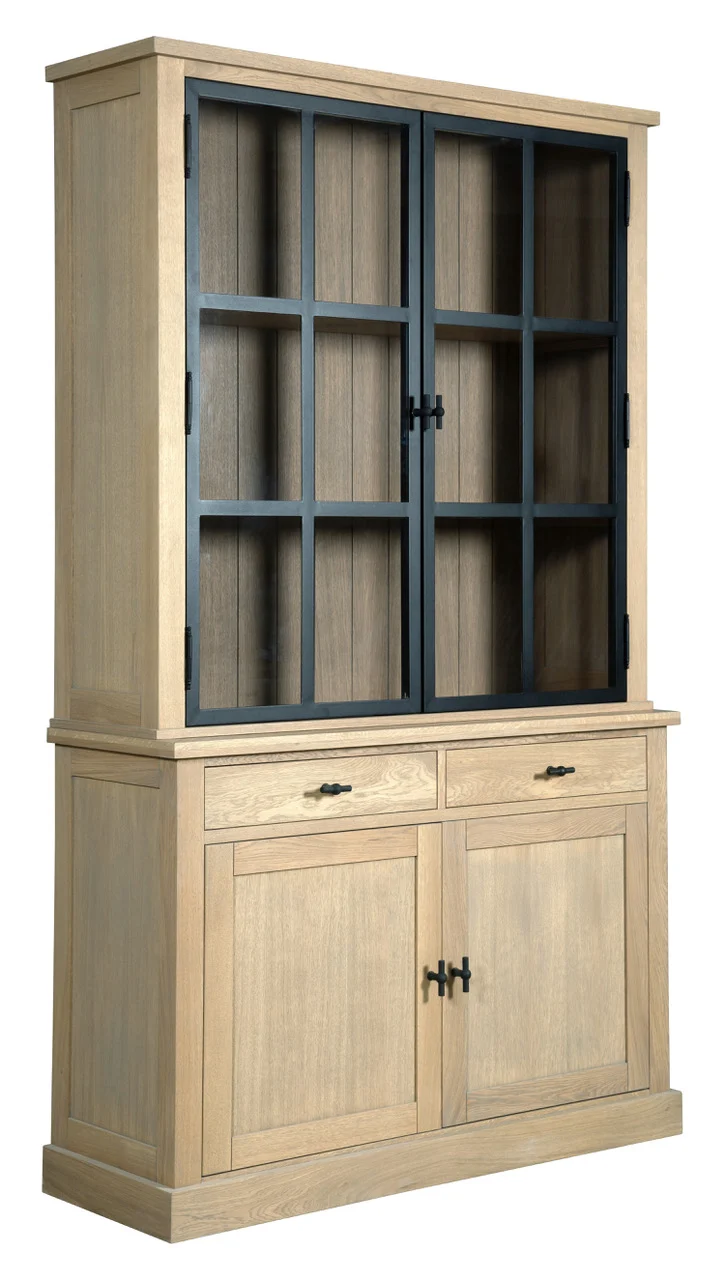 Vitrine Eiche Landhaus, Geschirrschrank Metall-Türen Eiche Landhaus, Breite 130 cm
