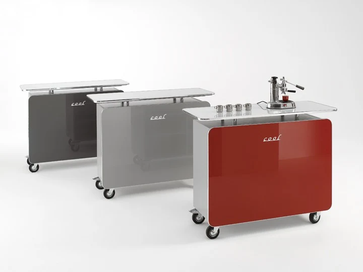 Office Bar auf Rollen, mobile Coffe Bar Hochglanz lackiert, Farbe Rot, Breite 140 cm