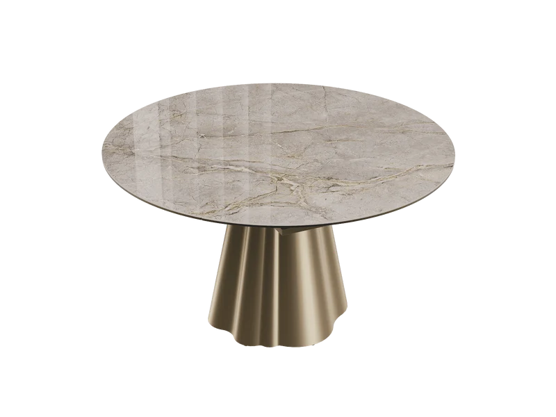 Esstisch taupe rund Keramik, Tisch rund Keramik ausziehbar, Esstisch Gold Marmoroptik Durchmesser 135 cm