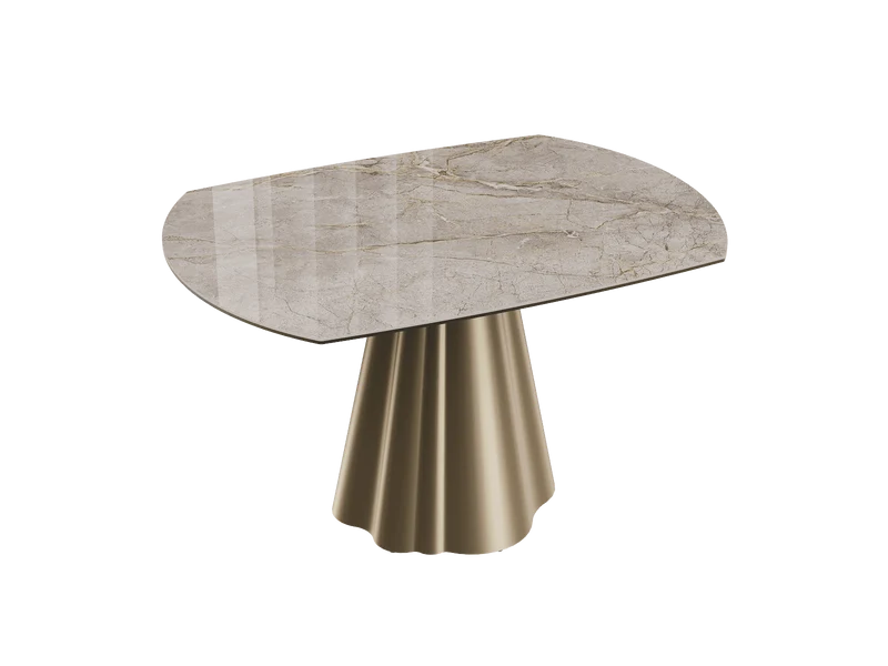Esstisch taupe rund Keramik, Tisch rund Keramik ausziehbar, Esstisch Gold Marmoroptik Durchmesser 135 cm