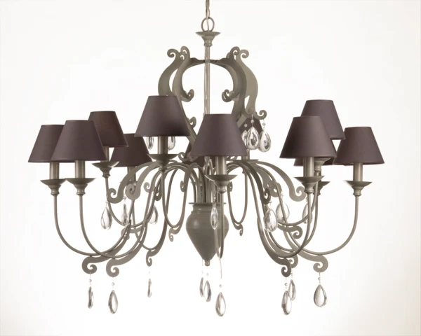 Kronleuchter 12-armig im Landhausstil, Farbe taupe-grau, Lampenschirme grau, Ø 105 cm