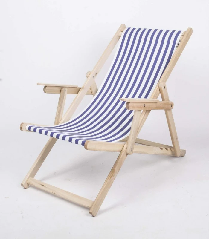 Sonnenliege mit Nackenkissen aus Massivholz und 100 % Baumwolle, Strandstuhl gestreift blau-weiß