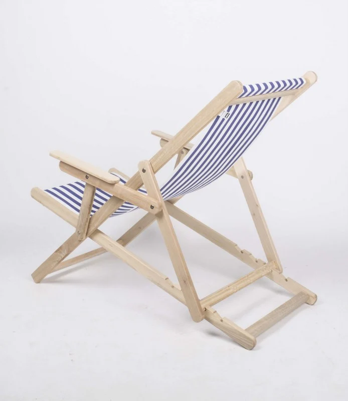 Sonnenliege mit Nackenkissen aus Massivholz und 100 % Baumwolle, Strandstuhl gestreift blau-weiß