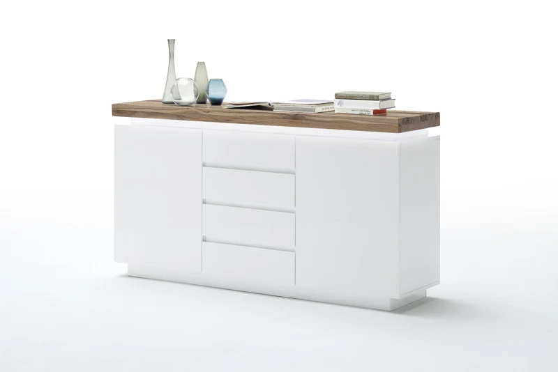 Sideboard Weiß matt lackiert mit eine massive Oberplatte, Breite150 cm